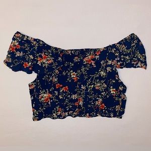 EXHILARATION floral blue off the shoulder crop top